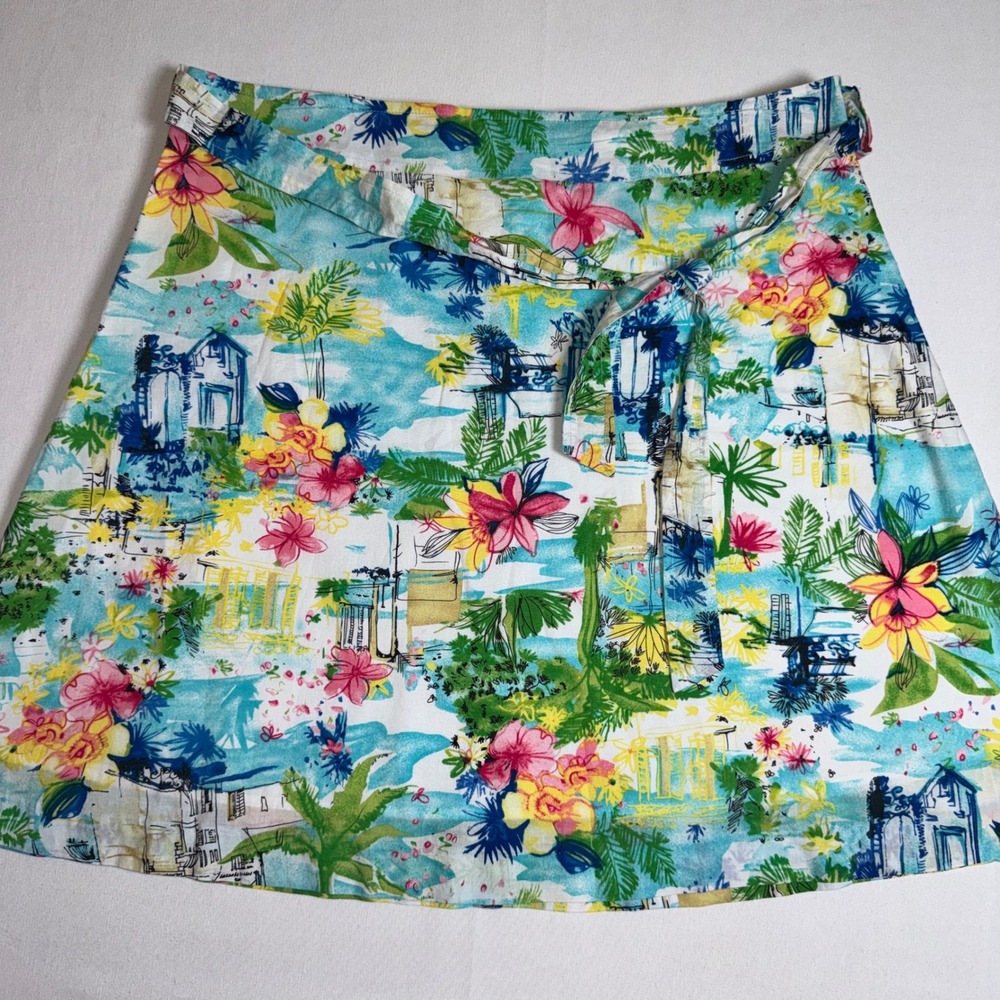 George Tropical Scenic Print Cotton Mini Skirt Cabana Blue Floral A-Line Size 14